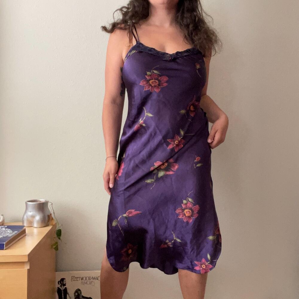 90s vintage dark purple floral satin midi slip dress chemise whimsigoth fairy